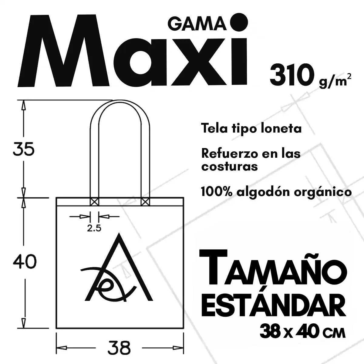 Ficha técnica bolso de tela en gama maxi tipo loneta