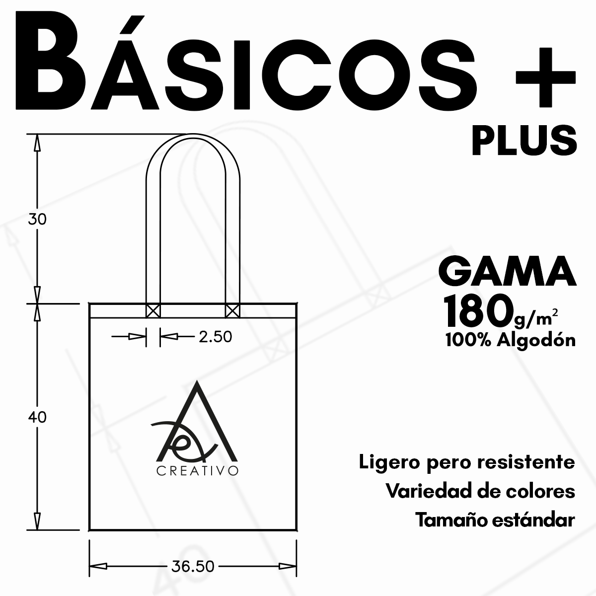 Ficha técnica de bolso de tela gama Básicos + Plus