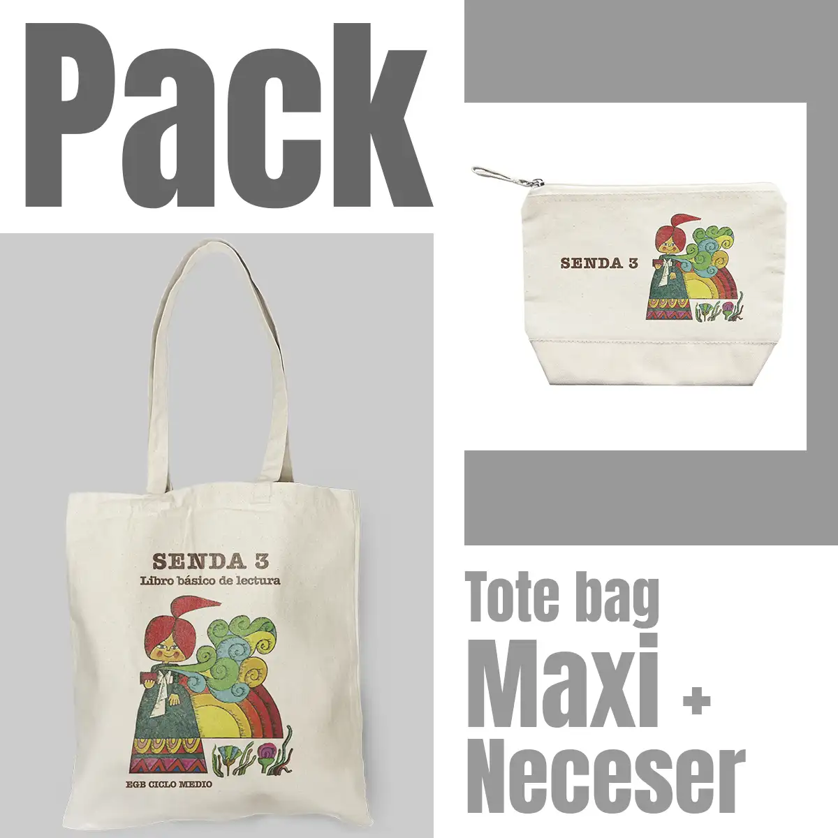 Pack neceser color crudo y Tote bag de Senda 3 libro de EGB